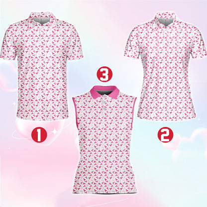 Breast cancer awareness polo shirt featuring a multicolor pink ribbon pattern, front view