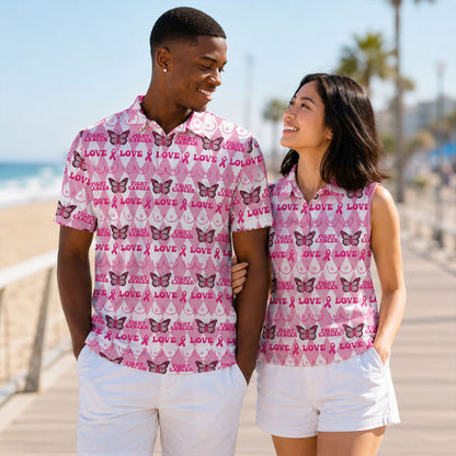 Lifestyle view of an adult wearing the pink breast polo shirt.