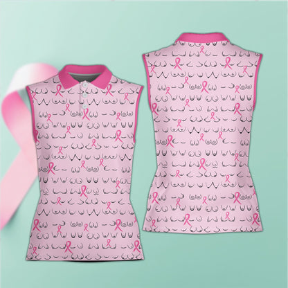 Pink breast polo shirt with awareness ribbons pattern, front view