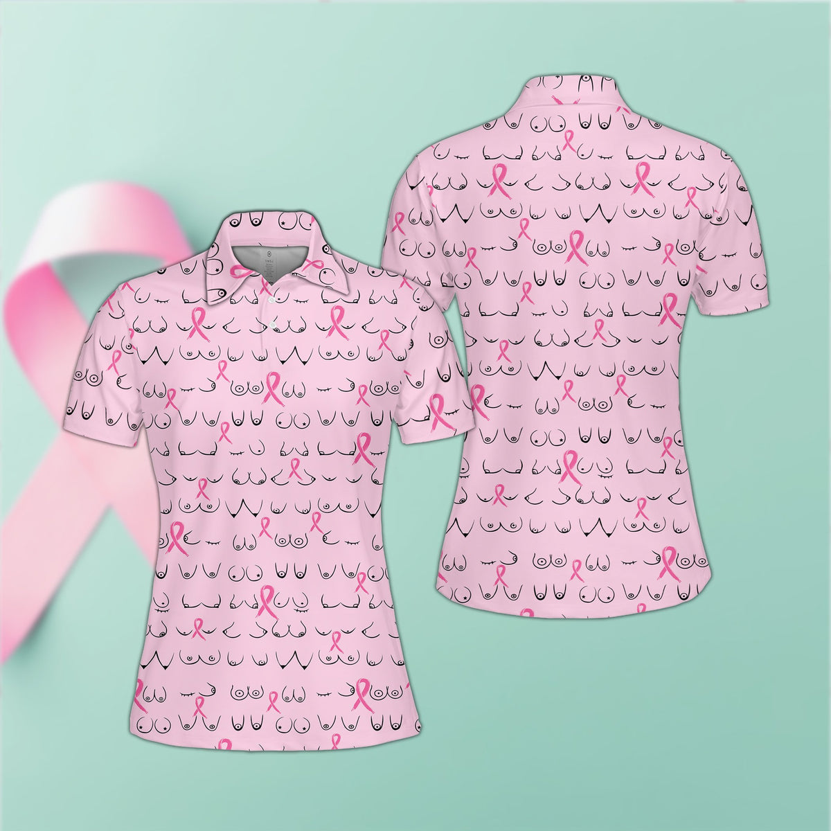 Pink breast cancer awareness polo shirt featuring ribbon design, front view