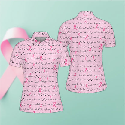 Pink breast cancer awareness polo shirt featuring ribbon design, front view