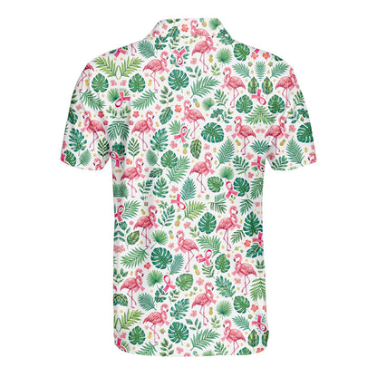 Back view of the tropical flamingo and breast cancer awareness ribbon polo shirt