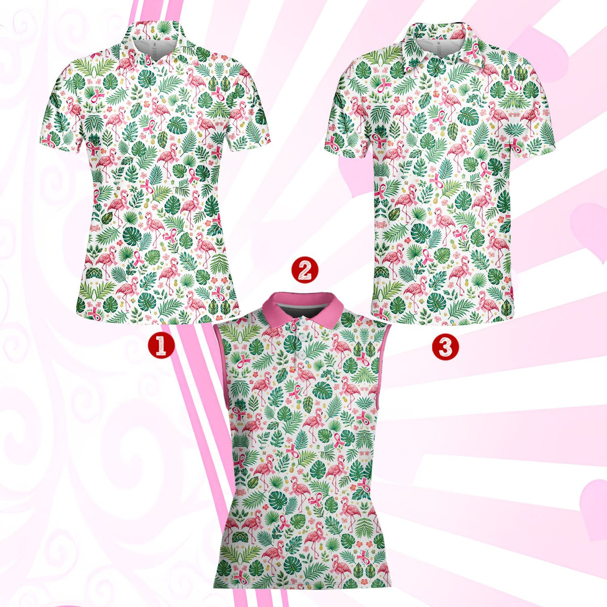 Close-up front view of the tropical polo shirt showing pink flamingos and green monstera leaves