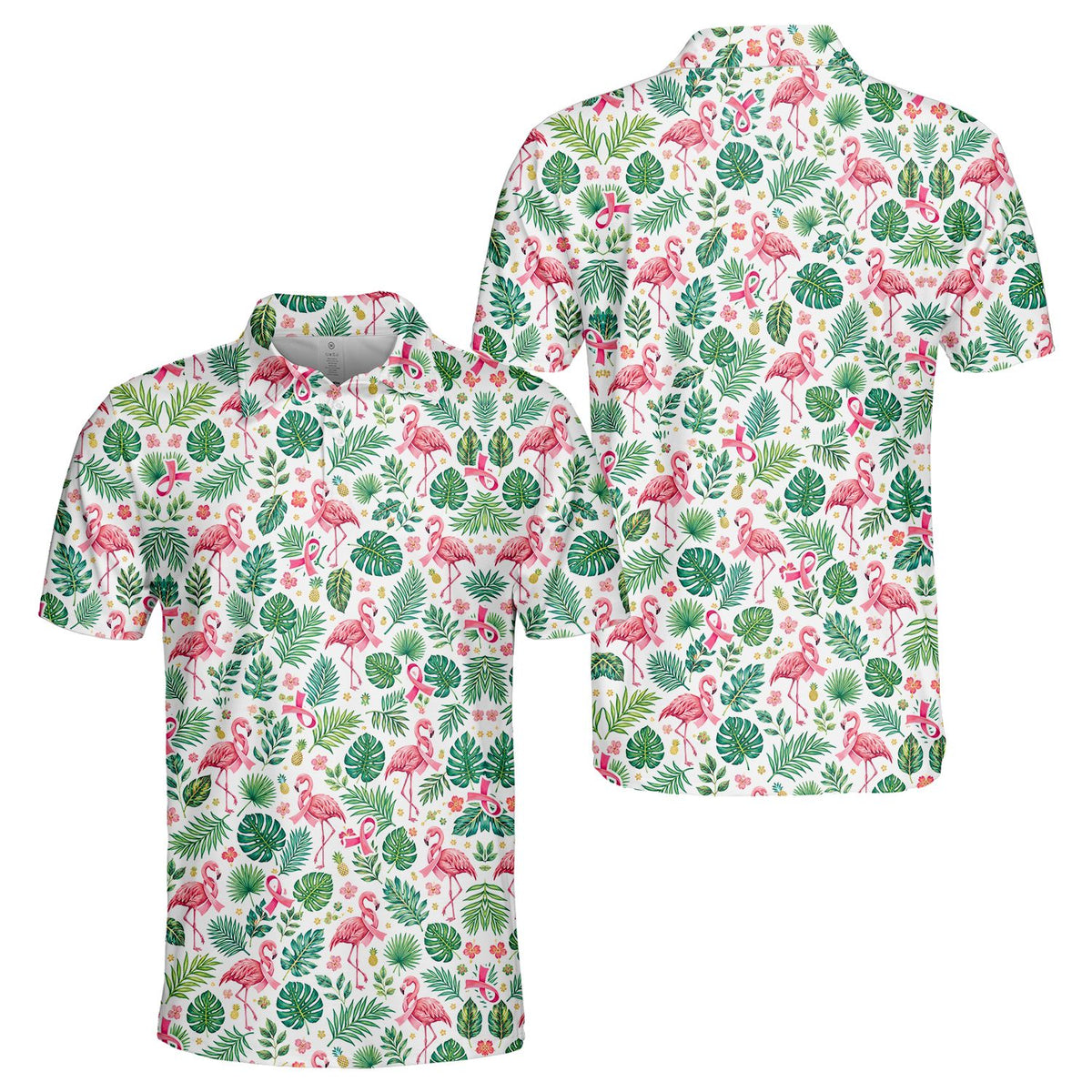 Detailed front view highlighting the pink breast cancer awareness ribbons and hibiscus flowers