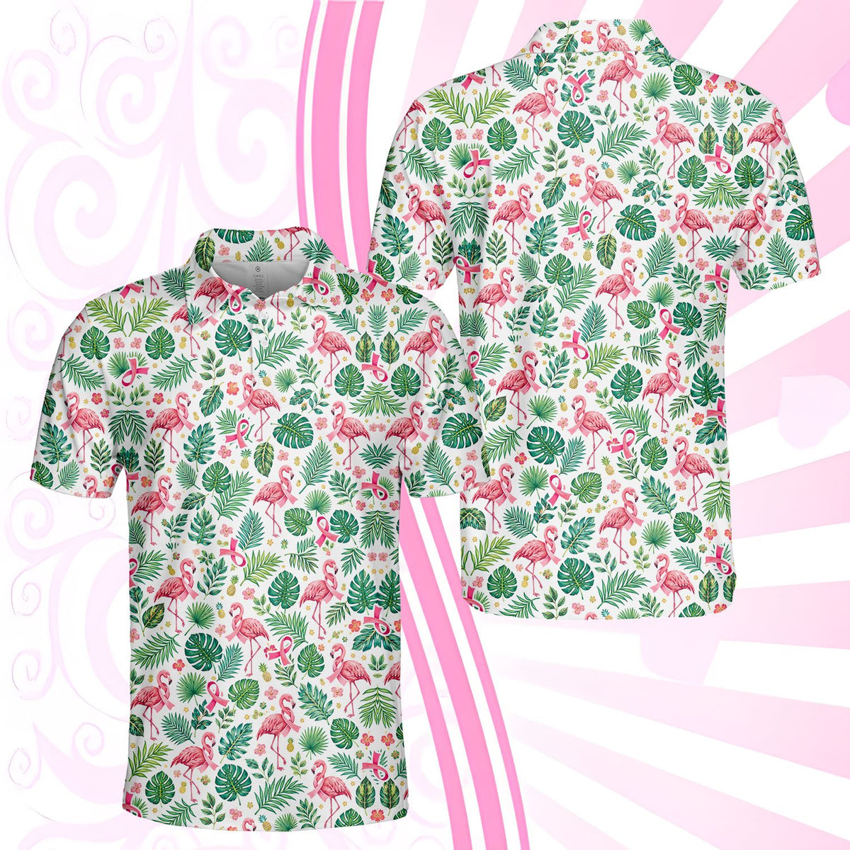 Front angled view of the tropical flamingo polo shirt with yellow pineapples