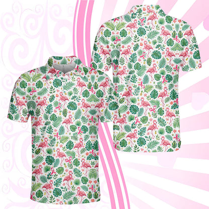 Front angled view of the tropical flamingo polo shirt with yellow pineapples