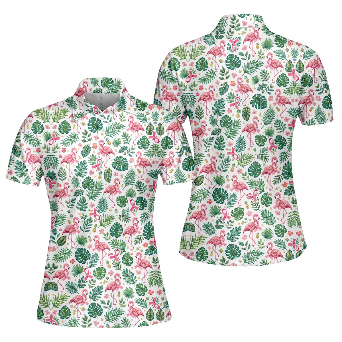 Additional front perspective of the breast cancer awareness polo shirt