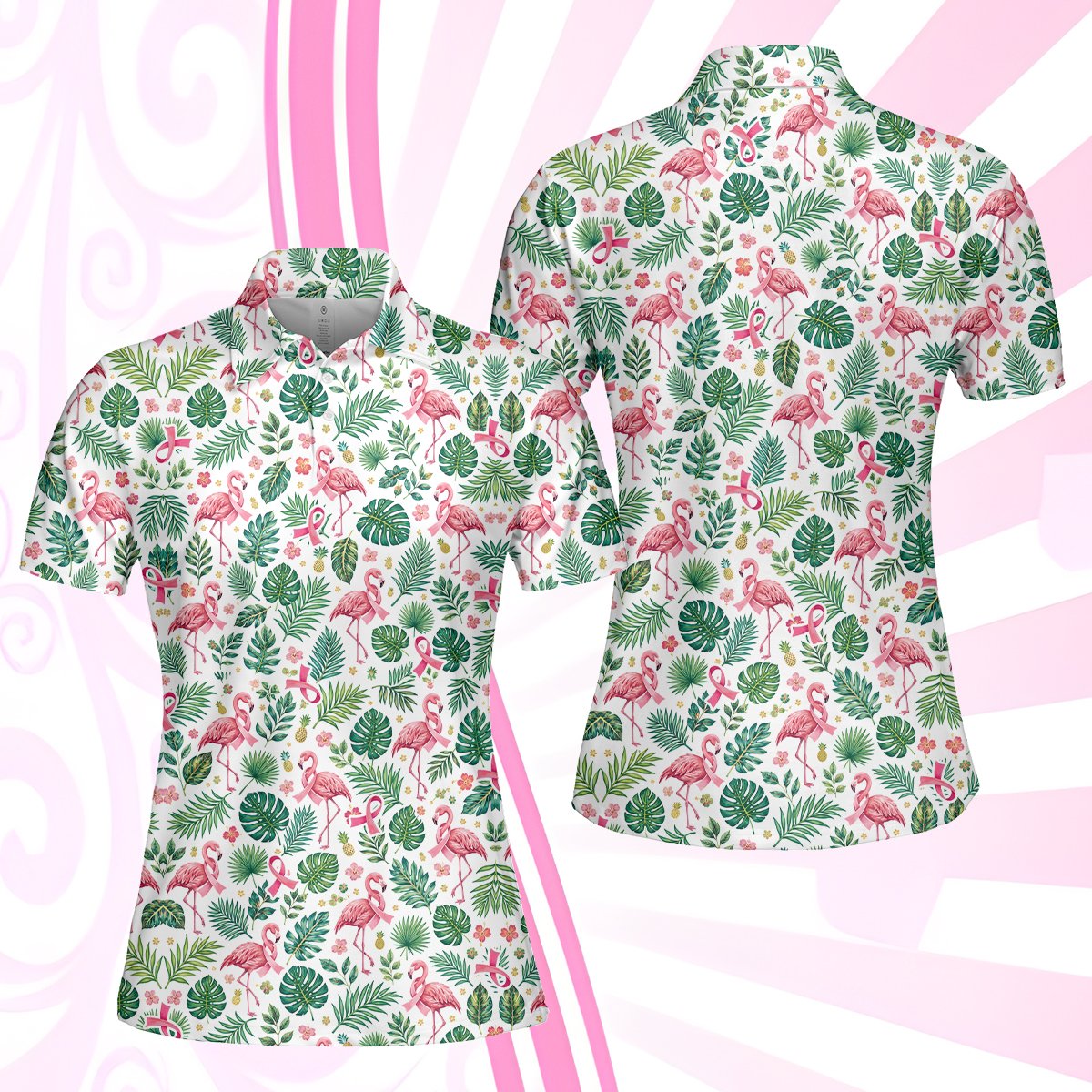 Detail view of the collar and button area of the tropical flamingo polo shirt