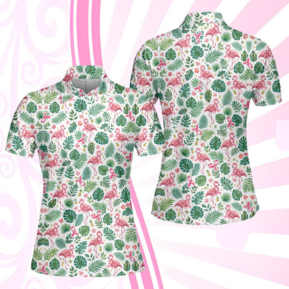 Detail view of the collar and button area of the tropical flamingo polo shirt