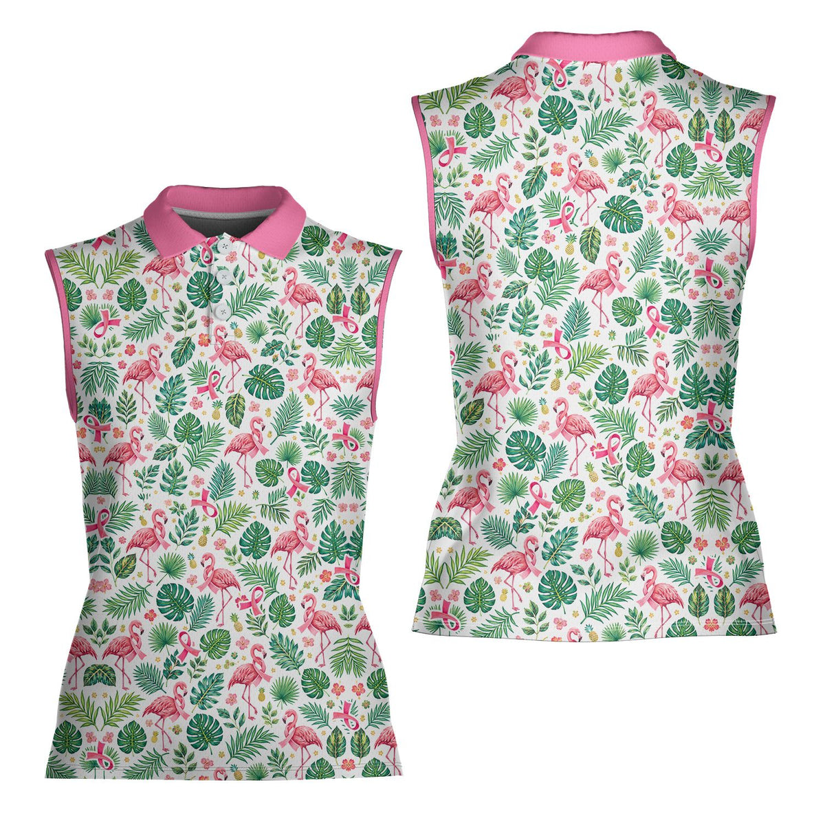 Close-up of the polyester fabric and tropical print details on the front