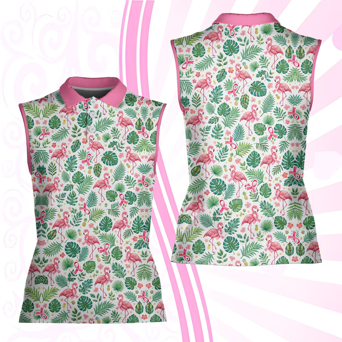 Full front view of the white, green, and pink breast cancer awareness polo
