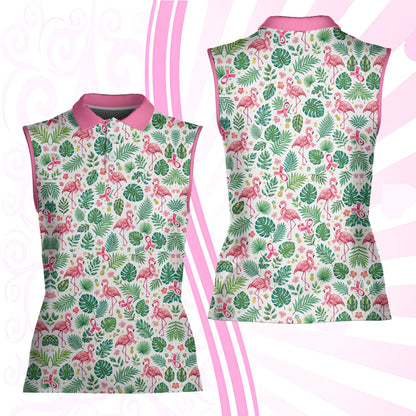 Full front view of the white, green, and pink breast cancer awareness polo