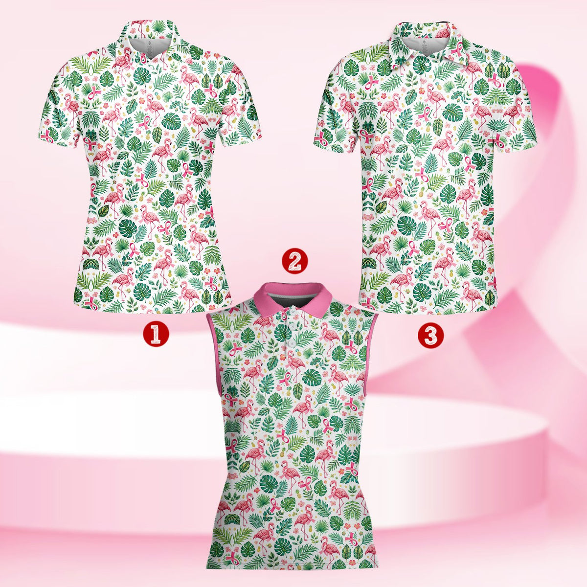 Breast cancer awareness tropical flamingo polo shirt with pink ribbons and pineapples on a white background, main view