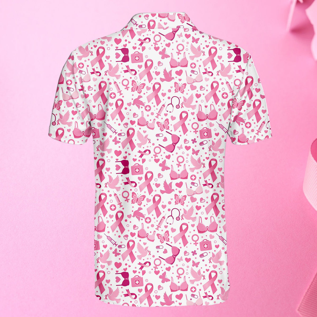 Detailed back view 2 of the white breast cancer awareness polo shirt