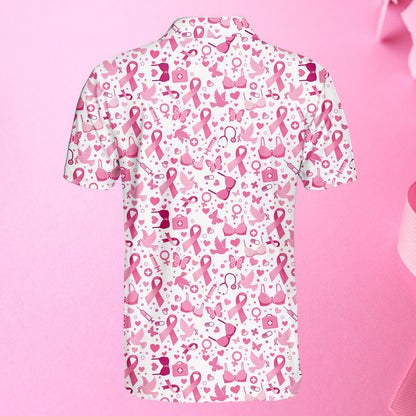 Detailed back view 2 of the white breast cancer awareness polo shirt