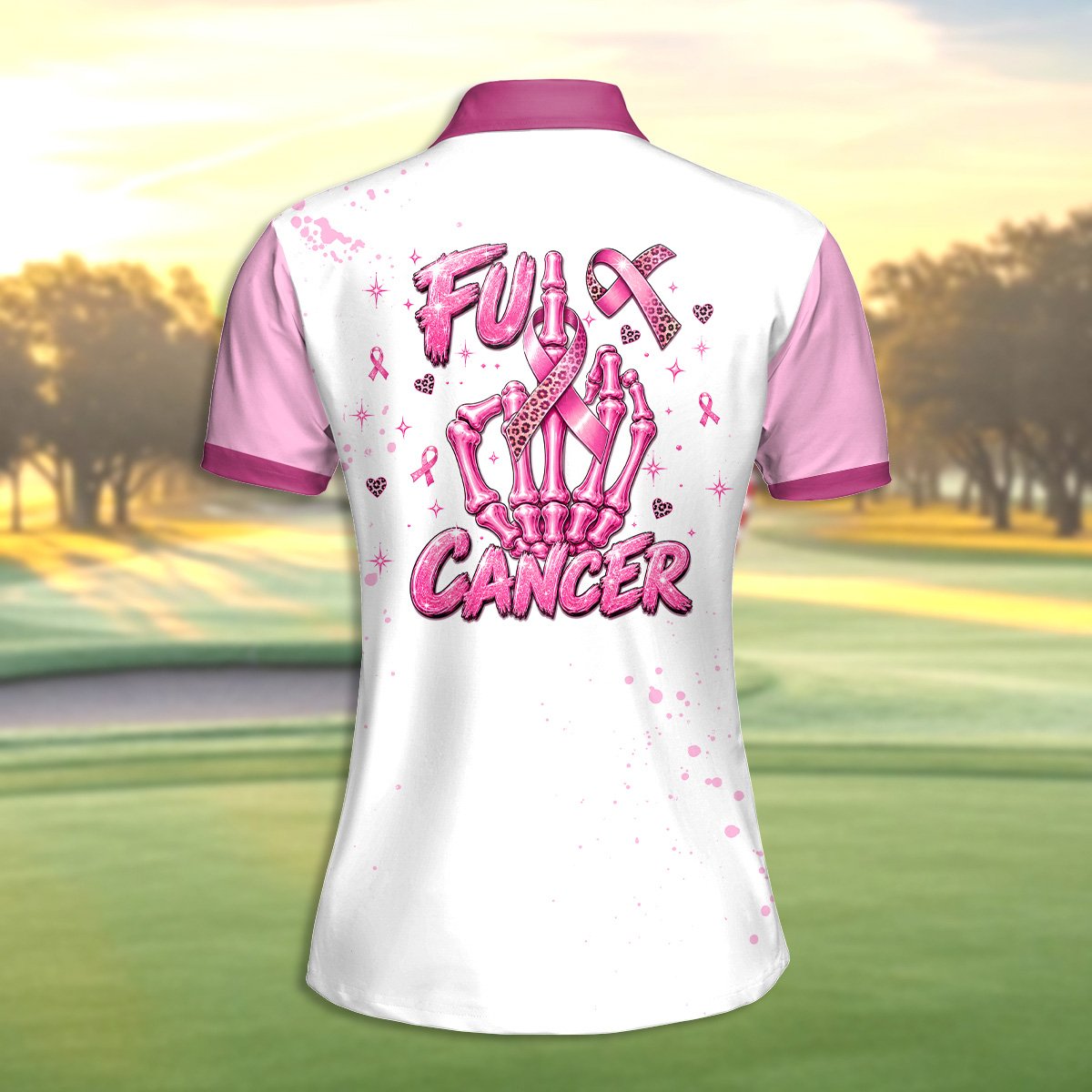 Close-up of the back graphic reading FUCK CANCER with pink ribbons