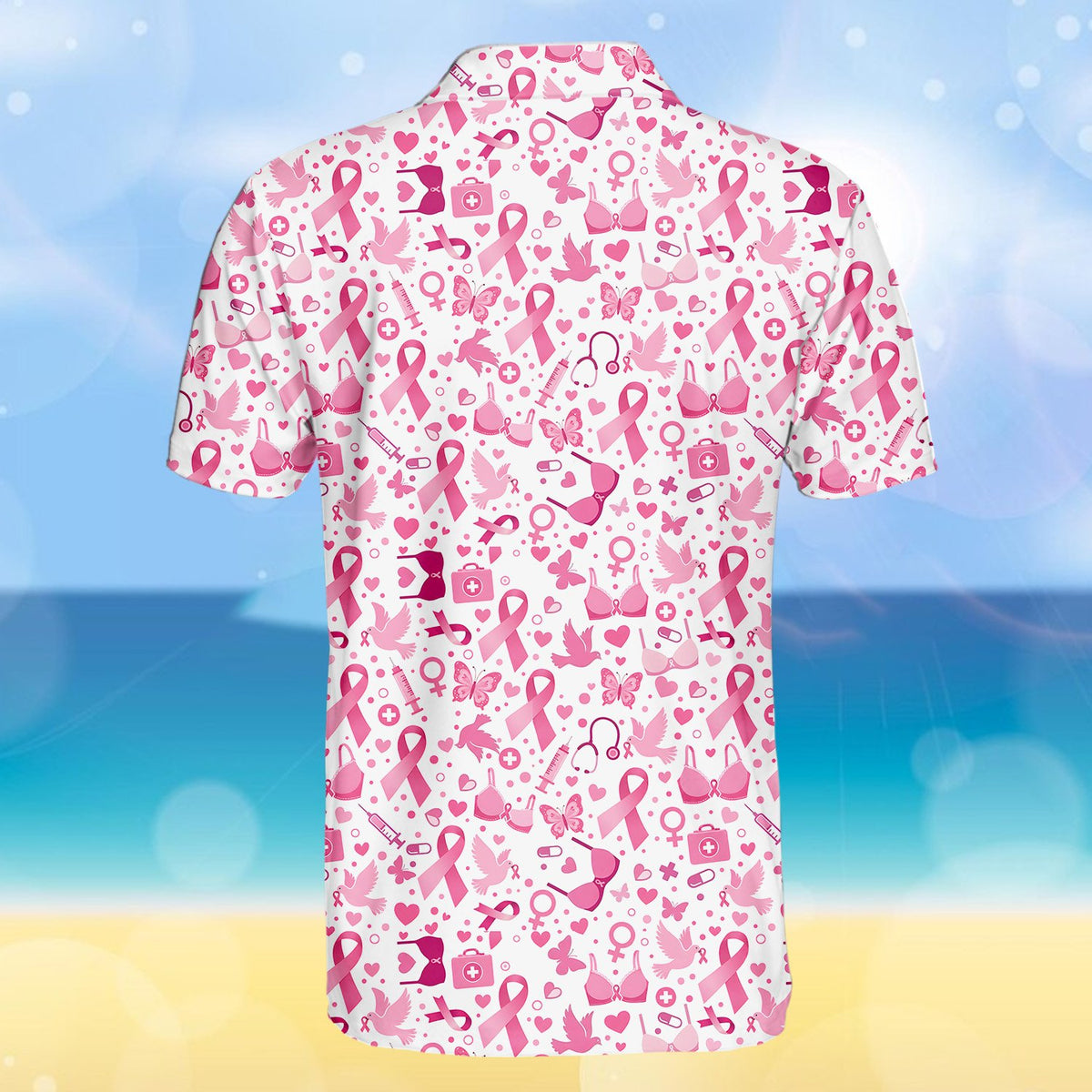 Detailed back view 3 of the white breast cancer awareness polo shirt
