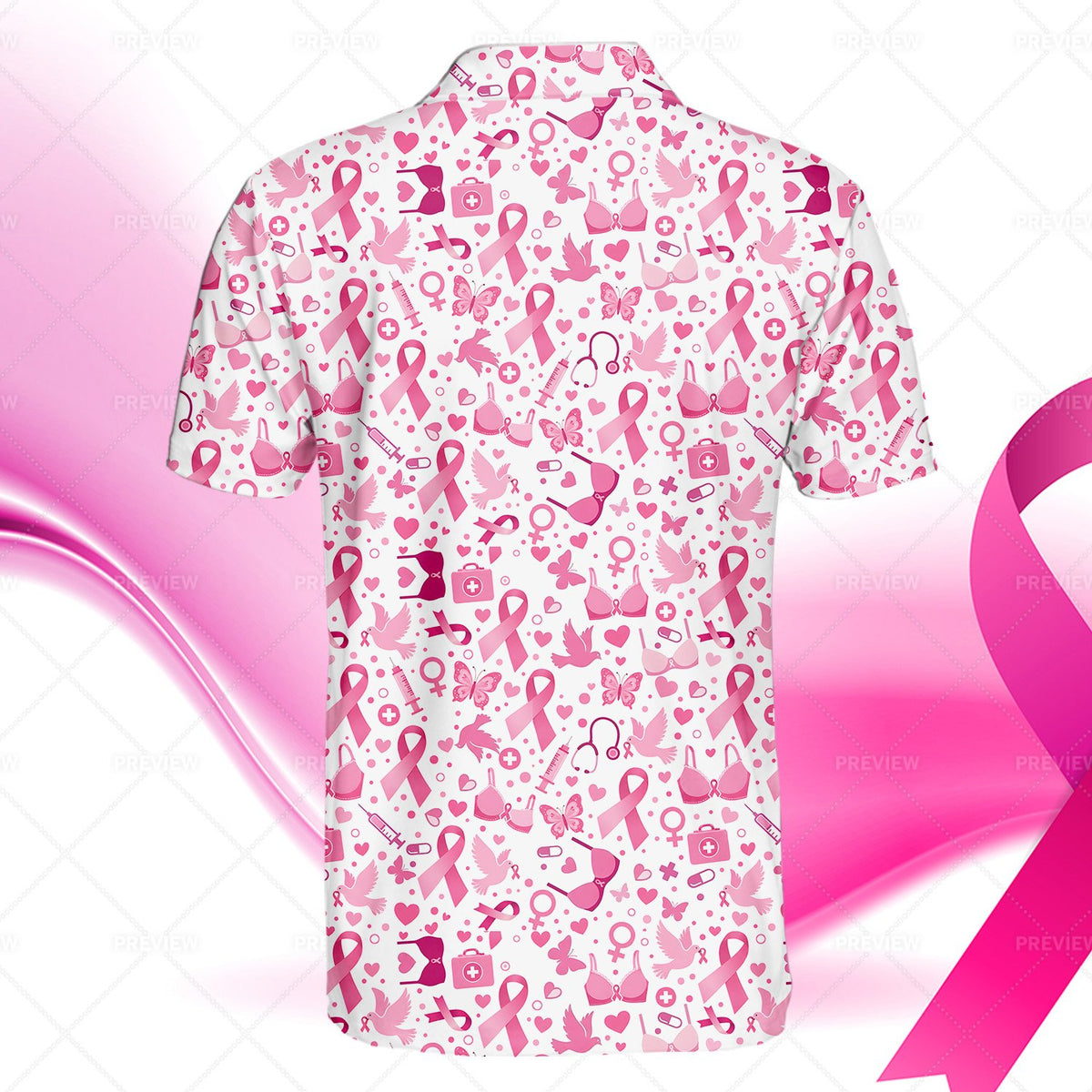 Back view of the white breast cancer awareness polo shirt