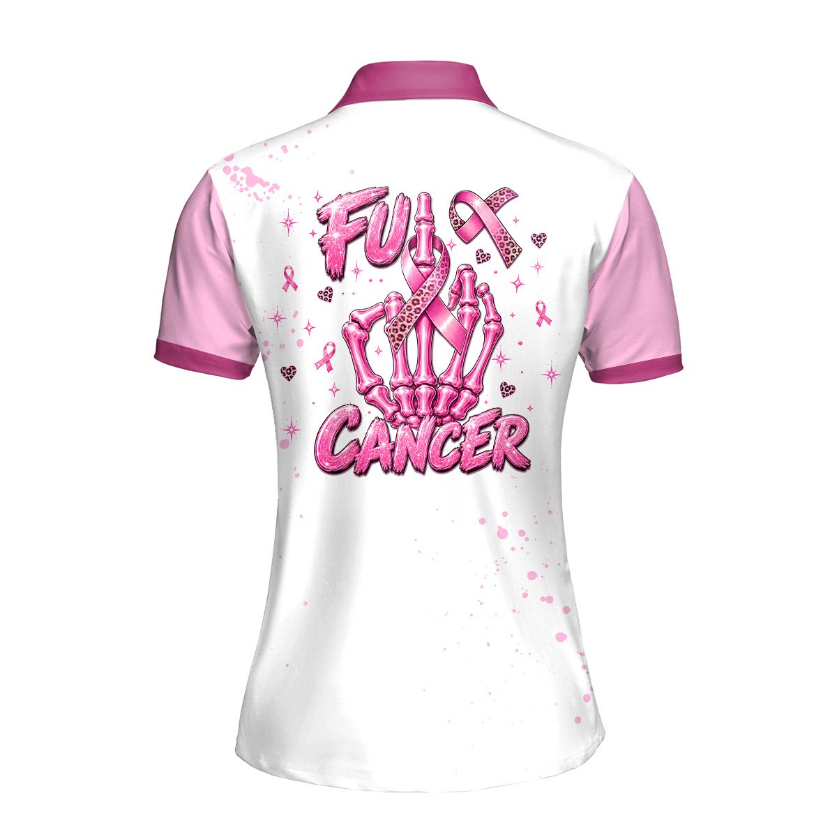 Back view of the argyle polo shirt featuring a pink skeleton hand and ribbon graphic