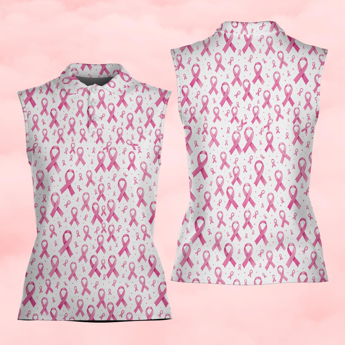 Breast cancer awareness polo shirt with pink ribbons on white background, main view