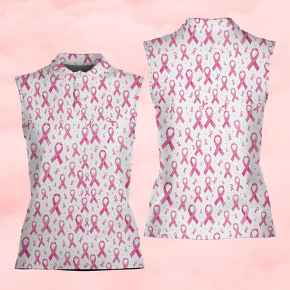 Breast cancer awareness polo shirt with pink ribbons on white background, main view
