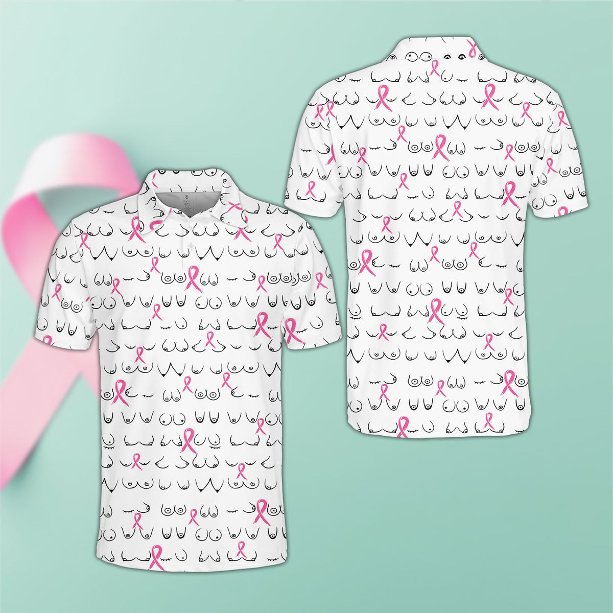 White polo shirt featuring all-over print of pink breast cancer awareness ribbons and line art, front view