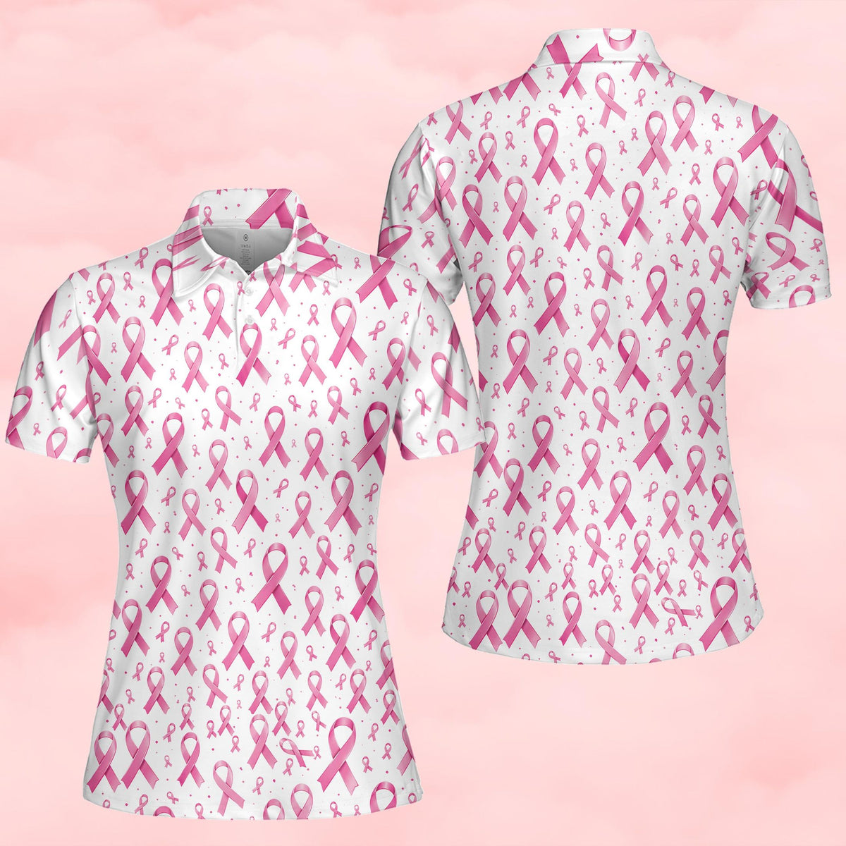 Detailed front view of the pink ribbon polo shirt
