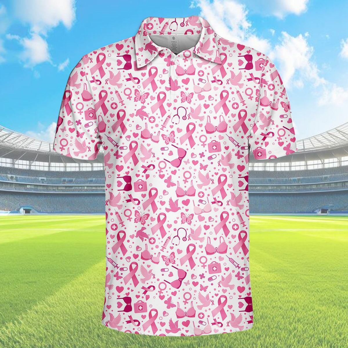 Detailed front view 2 of the white breast cancer awareness polo shirt