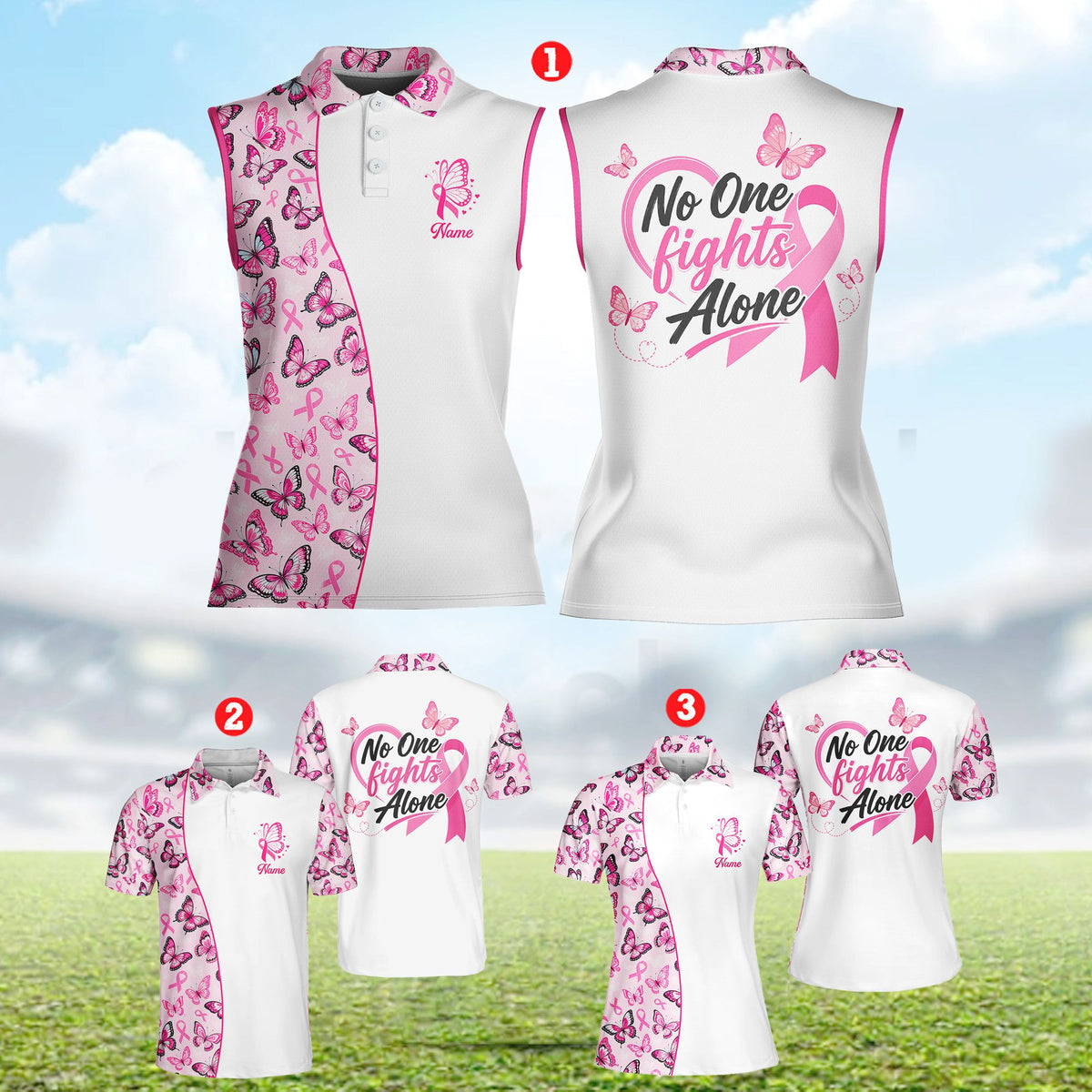 Alternative front view of the custom polo shirt highlighting the breast cancer awareness design elements