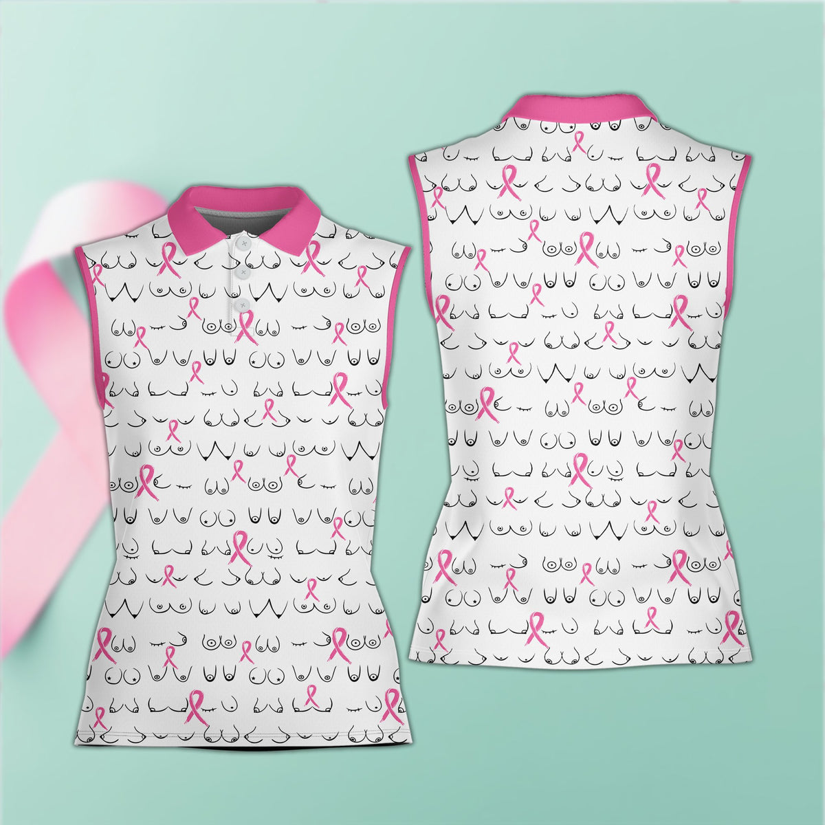 White breast cancer polo shirt with stylized line drawings and pink ribbons, front view