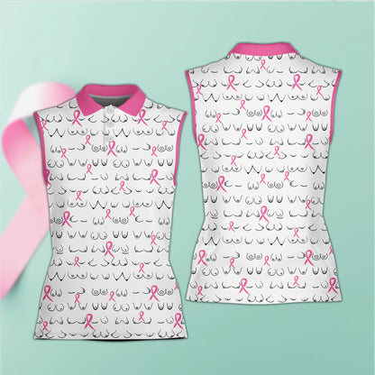 White breast cancer polo shirt with stylized line drawings and pink ribbons, front view