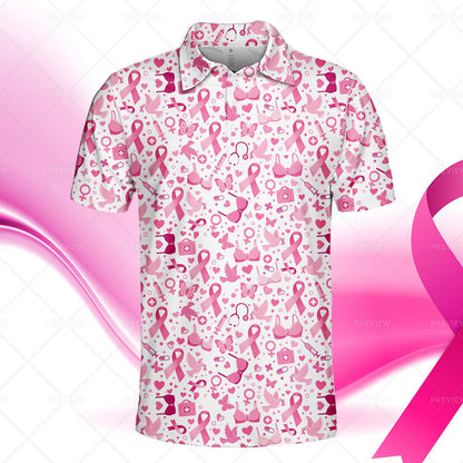 Detailed front view 3 of the white breast cancer awareness polo shirt