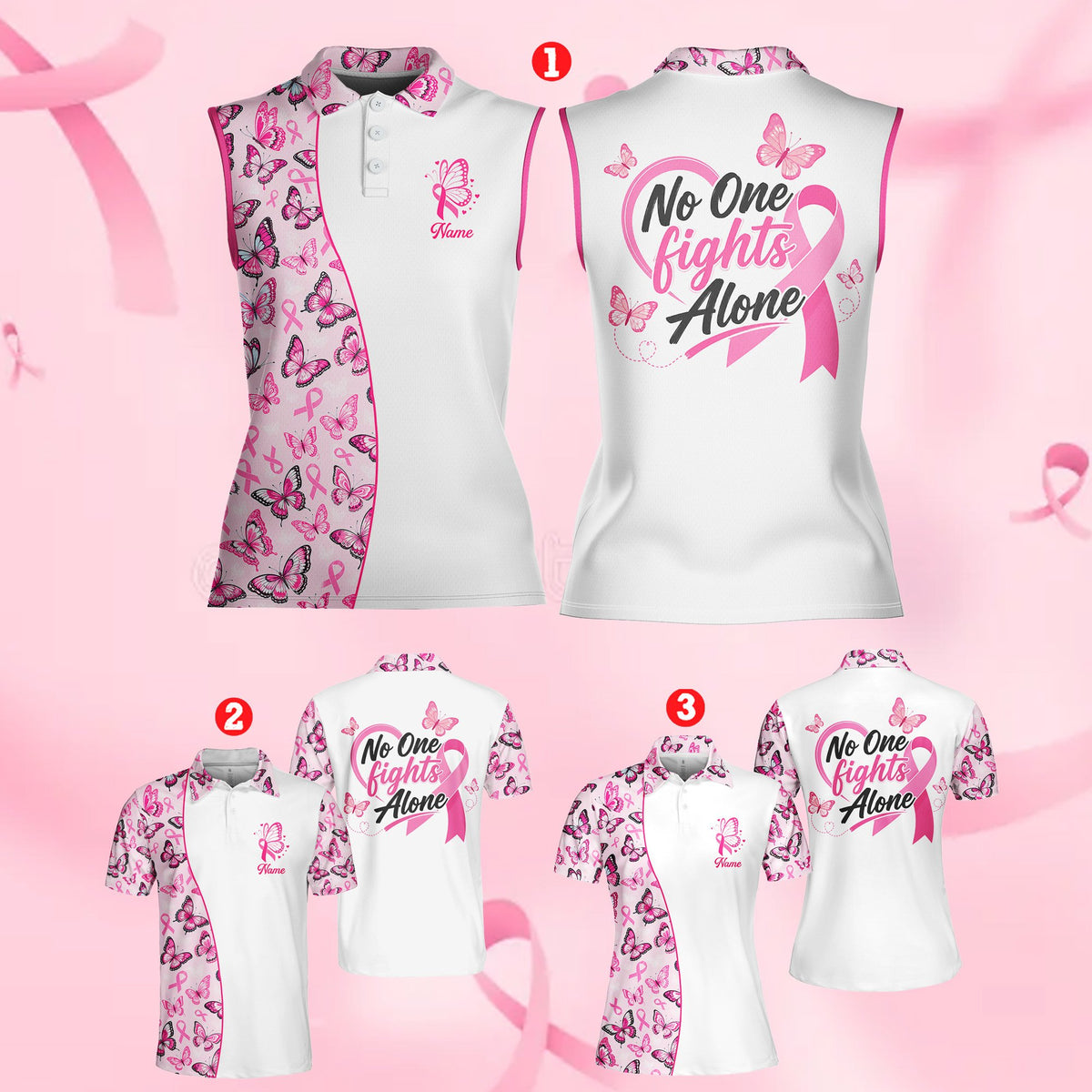 Detailed front view of the personalized polo shirt collar and butterfly graphics