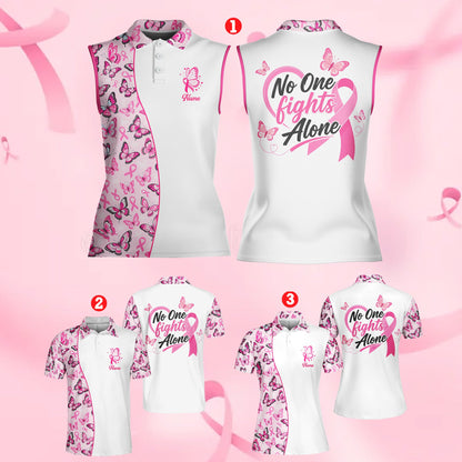Detailed front view of the personalized polo shirt collar and butterfly graphics