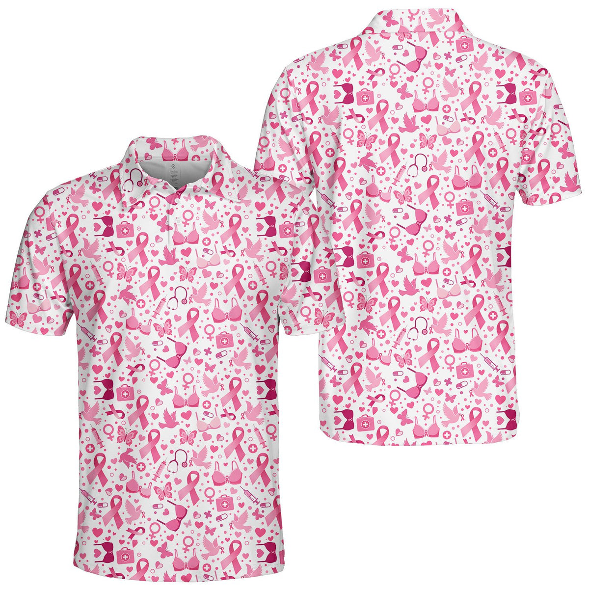 Detailed front view 4 of the white breast cancer awareness polo shirt