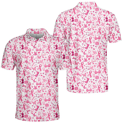 Detailed front view 4 of the white breast cancer awareness polo shirt