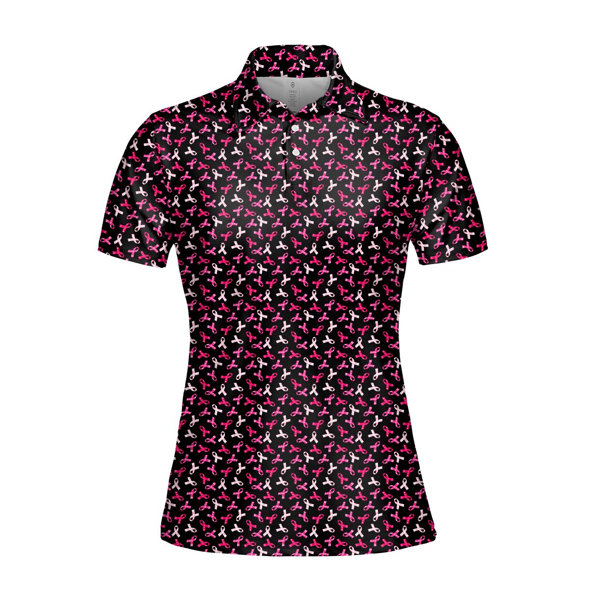 Breast cancer awareness polo shirt featuring pink and white ribbons on a white background, alternate front view