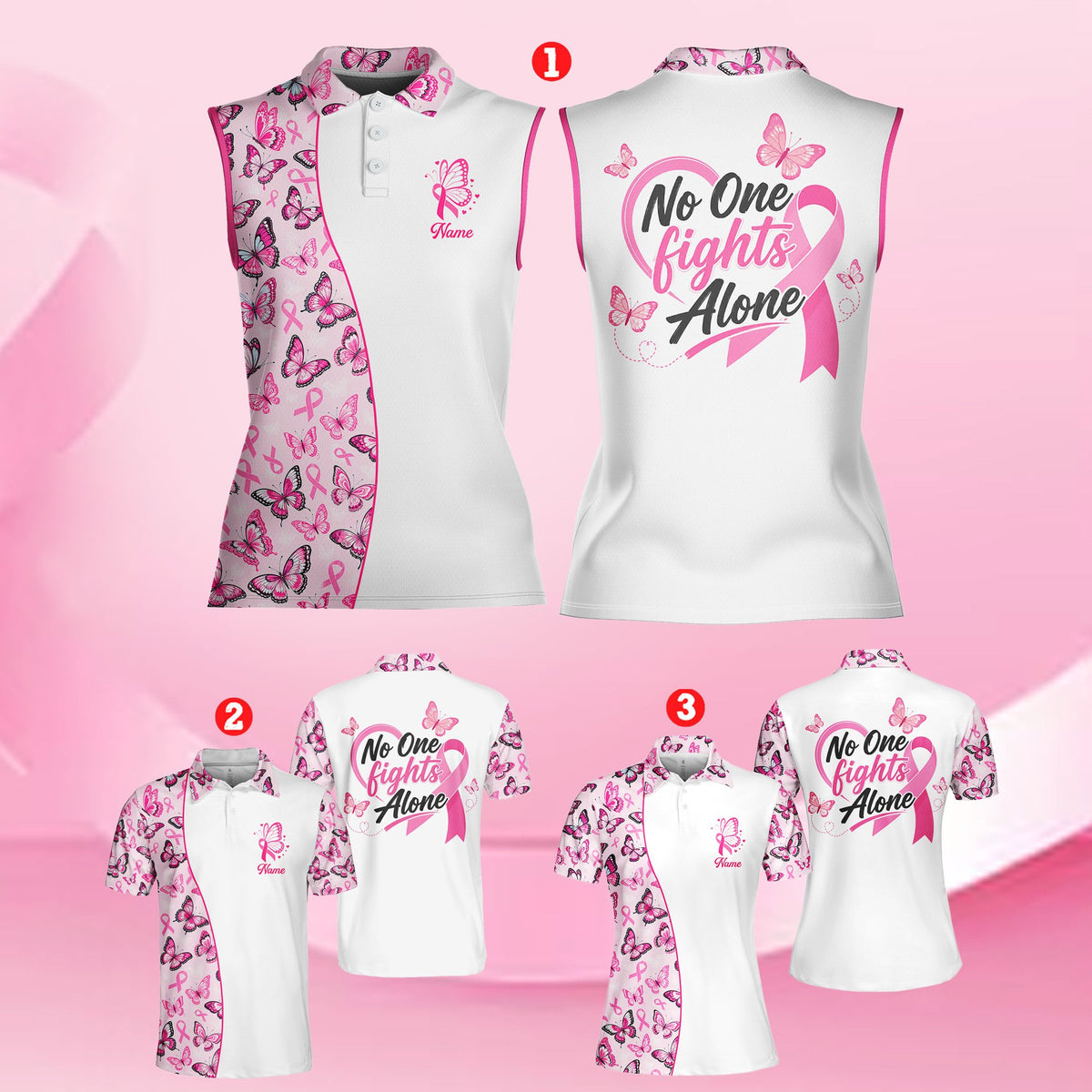 Close-up front view of the pink ribbon motifs on the cancer polo shirt