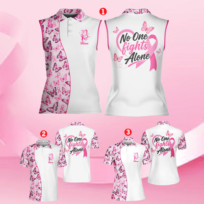 Close-up front view of the pink ribbon motifs on the cancer polo shirt