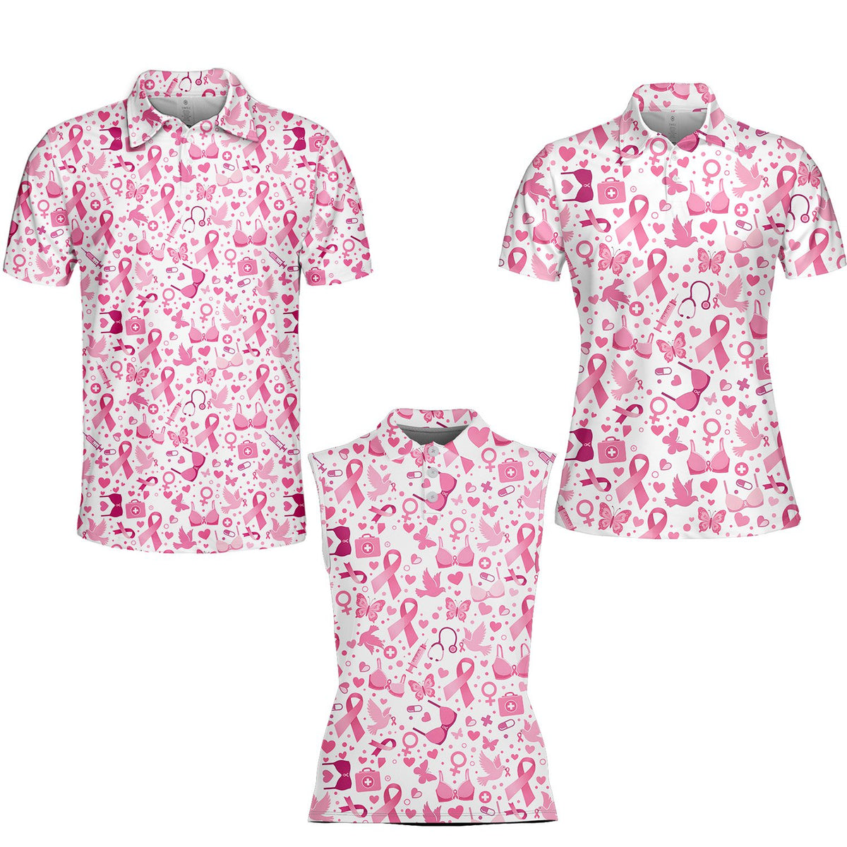 Detailed front view 5 of the white breast cancer awareness polo shirt