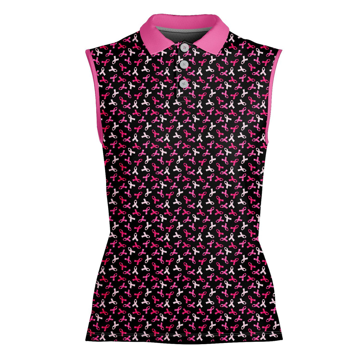 Breast cancer awareness polo shirt featuring pink and white ribbons on a white background, close front view