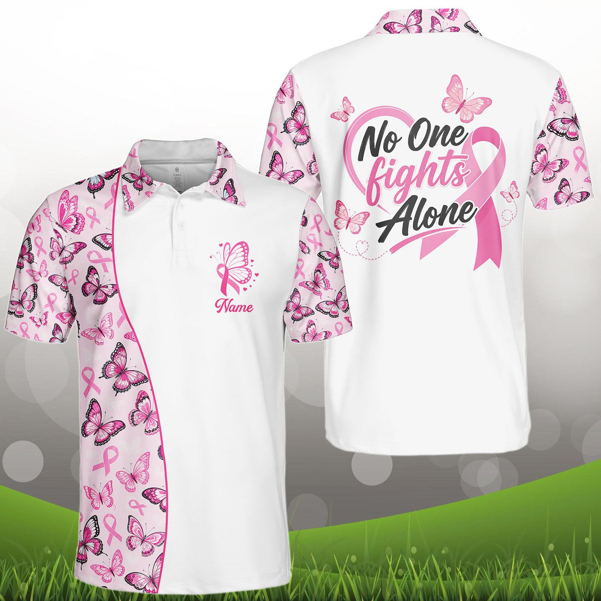 Angled front view of the white and pink breast cancer awareness custom polo shirt