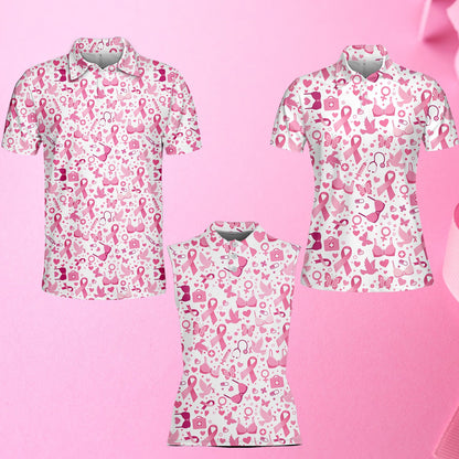 Detailed front view 6 of the white breast cancer awareness polo shirt