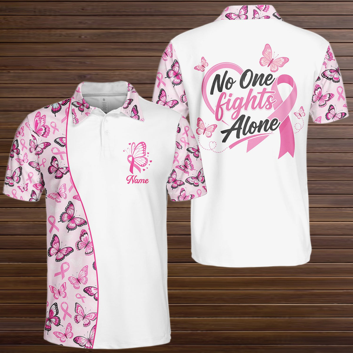Lifestyle front view of the personalized polo shirt showing the custom name and number details