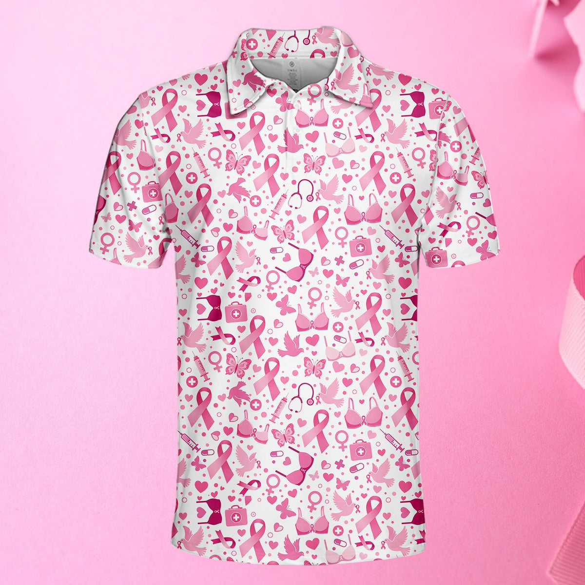 Front view of the white breast cancer awareness polo shirt on a white background