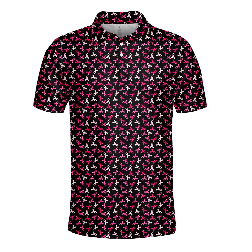 Breast cancer awareness polo shirt featuring pink and white ribbons on a white background, front view