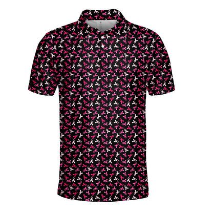 Breast cancer awareness polo shirt featuring pink and white ribbons on a white background, front view