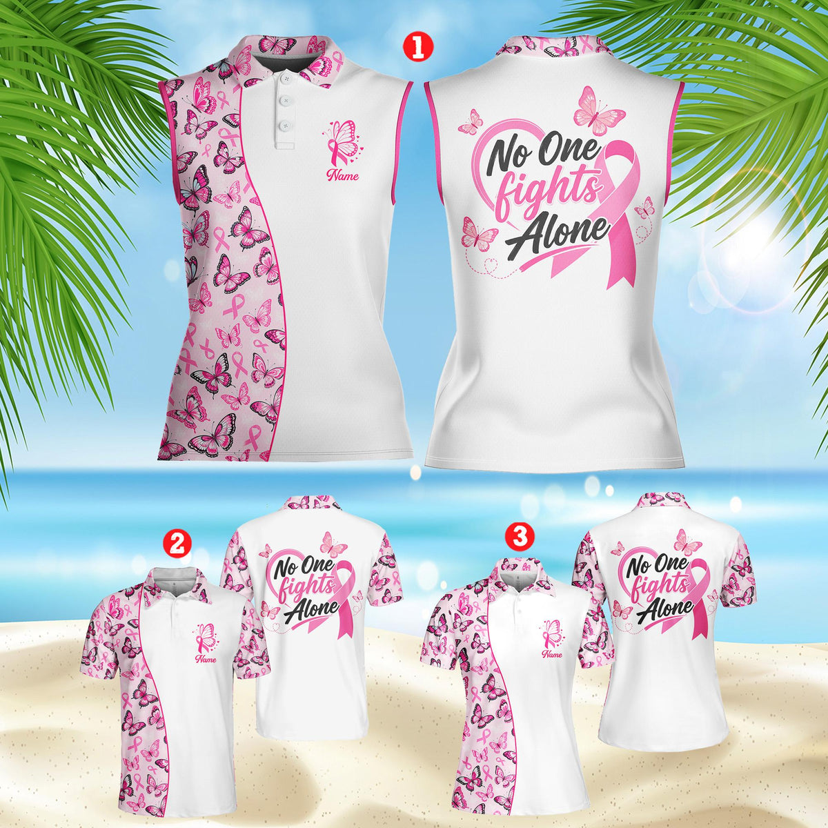 Front view of the cancer polo shirt showing pink butterflies and ribbons on a white background