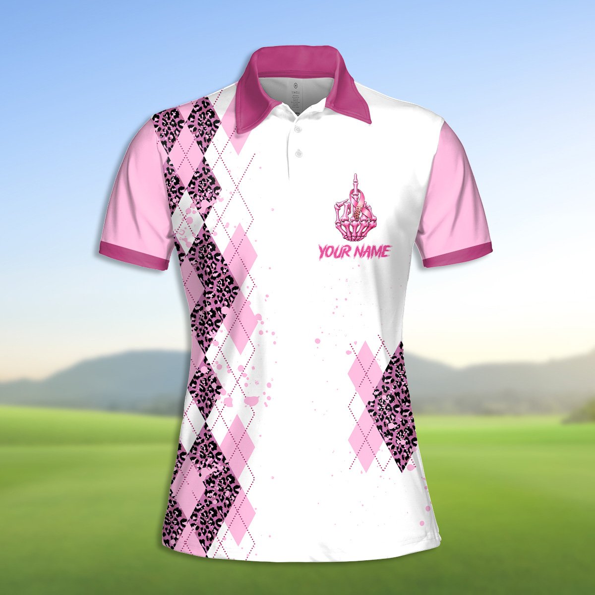 Front view of the white breast cancer awareness polo shirt on a clean background