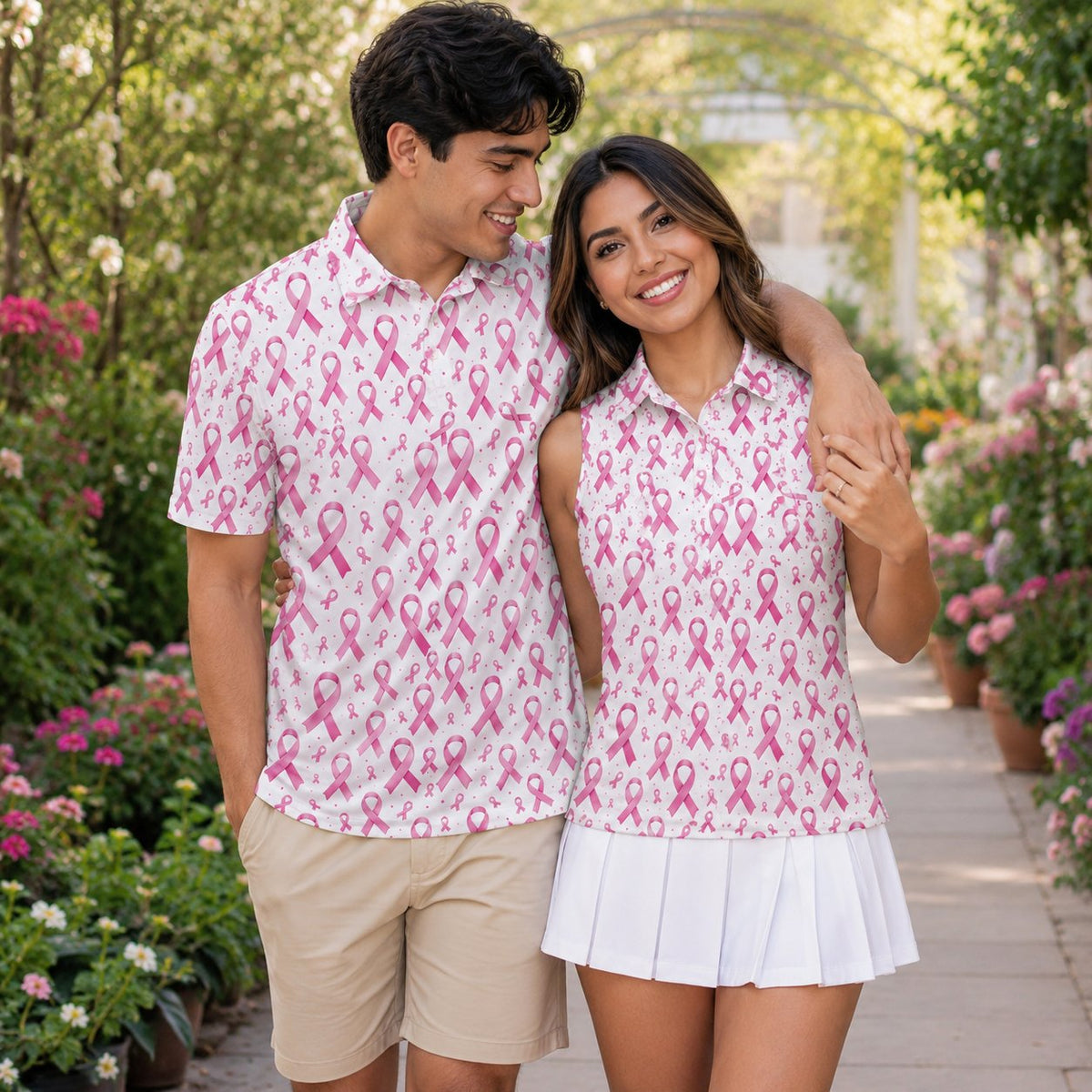 Lifestyle view of the breast cancer awareness polo shirt